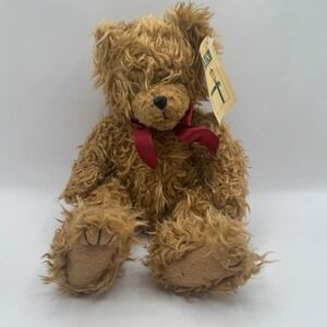 First & Main Scraggles Teddy Bear Kids 12in Tan Shaggy Plush Red Bow NWT